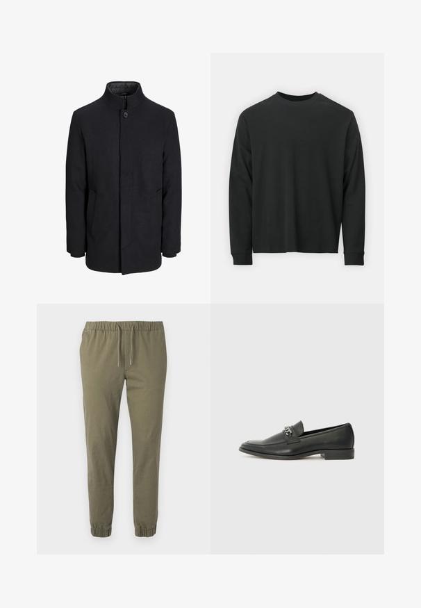 Moška črna volnena jakna z višjim ovratnikom, skritim zadrgo, enojnim gumbom za zapiranje in stranskimi žepi.; Dolga majica iz črnega bombaža z dolgimi rokavi, okroglim izrezom in ohlapnim krojem ter rebrastimi manšetami. Gladka tekstura brez vidnih vzorcev.; Olivno zeleni, zožani hlače z elastičnim pasom in nastavljivo vrvico. Imajo elastične zapenjala in gladko, lahko tkanino.; Črni usnjeni loafer z gladko površino, ki ima šivano zasnovo in dekorativni kovinski verižni naglas preko vampirja. Ravno peto.