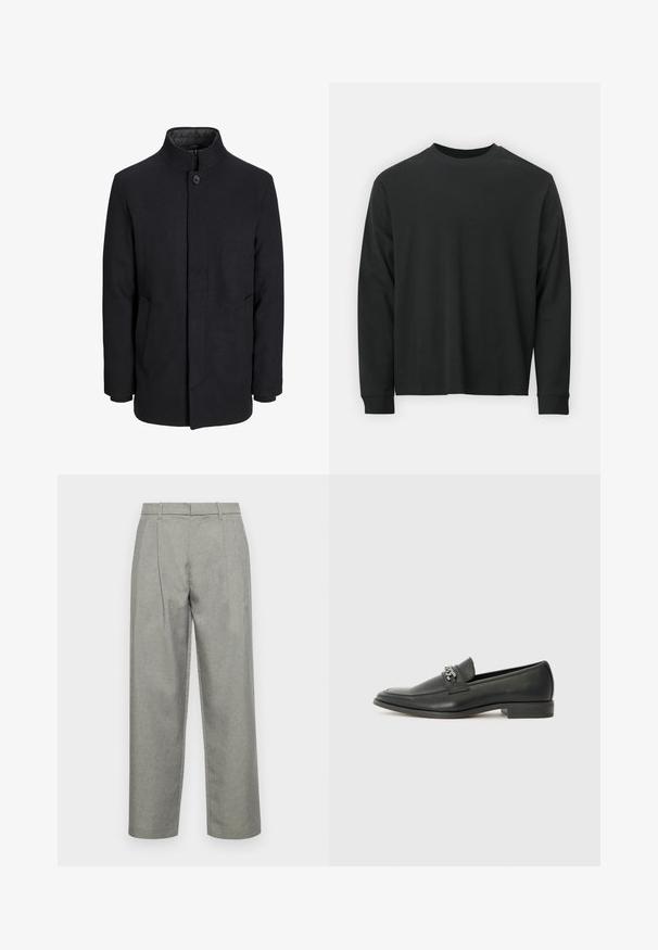 Meeste must villane mantel kõrge kraega, peidetud tõmblukk, ühe nööbiga kinnitamine ja küljetaskud.; Pika pikkade varrukatega must T-särk, mis on valmistatud puuvillast, ümarate kaelustega, lohvaka lõikega ja soonikute mansettidega. Sujuv tekstuur, ilma nähtavate mustriteta.; Hallitatud hallid püksid, mis on valmistatud tekstuuriga kangast, sirge jala disainiga, ees pleekidega ning tavalise vöökohtadega, kus on vöökohad.; Must haveate nahkking punased, millel on sile viimistlus, tikitud muster ja dekoratiivne metallkett vampi üle. Tasane konts.