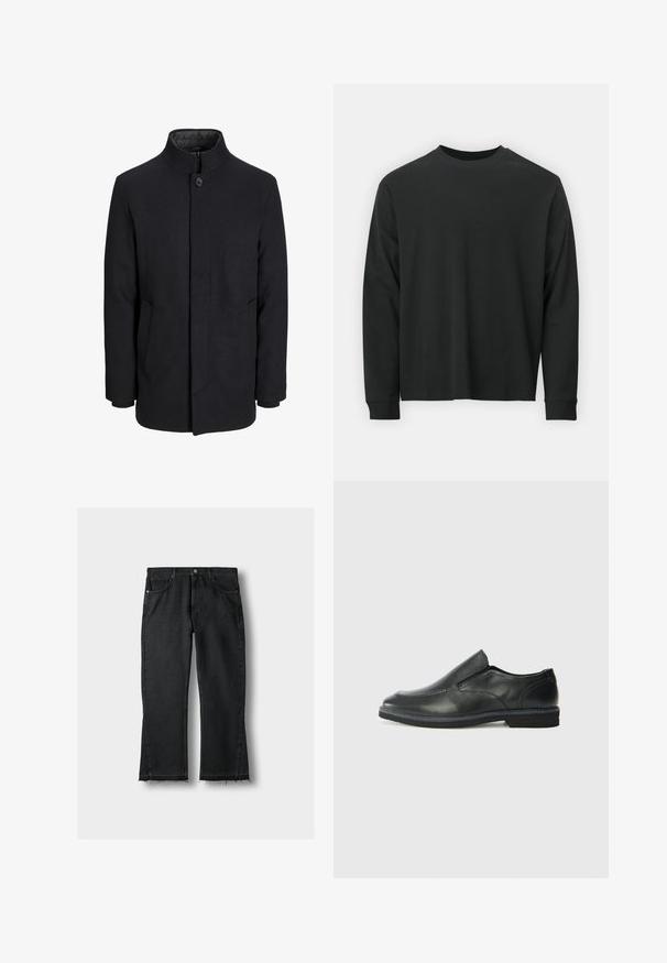 Pánský černý vlněný kabát s vysokým límcem, skrytým zipem, zapínáním na jeden knoflík a bočními kapsami.; Černé tričko s dlouhými rukávy vyrobené z bavlny, s kulatým výstřihem, volným střihem a žebrovanými manžetami. Hladká textura bez viditelných vzorů.; Černé džíny s rovnými nohavicemi, se třepeným lemem, pěti kapsami a kovovými detaily. Klasický design a odolná textura.; Černá kožená nazouvací bota s hladkým svrškem, prošívanými detaily, zaoblenou špičkou a nízkým gumovým podpatkem. Podešev má minimální vzorek.