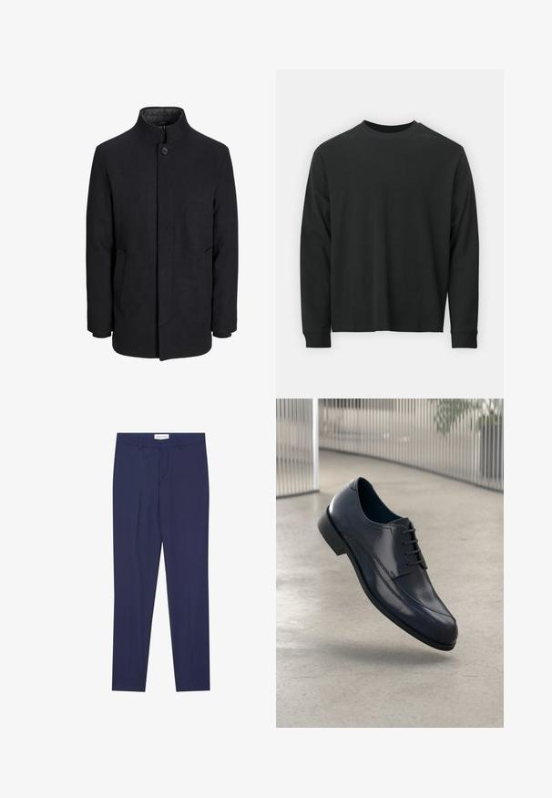 Herre sort uldfrakke med høj krave, skjult lynlås, enkelt knaplukning og sidelommer.; Langærmet sort T-shirt lavet af bomuld, med rund halsudskæring, løs pasform og ribbede ærmer. Glat tekstur uden synlige mønstre.; Marineblå bukser i glat stof med flad front, to sidelommer, lynlås i front og ren nederkant uden mønstre eller accenter.; Skinnende sorte læderdressko med snørebånd, svævende over et glat, lys grå gulv og lodrette metalstænger i baggrunden.