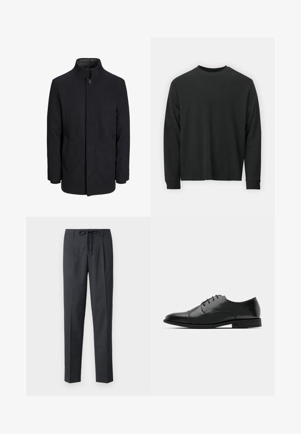 Men's black wool coat with high collar, concealed zipper, single button closure, and side pockets.; Long-sleeve black T-shirt made of cotton, featuring a round neckline, loose fit, and ribbed cuffs. Smooth texture with no visible patterns.; Tailored dark gray pants with a textured pattern, straight fit, and adjustable tie waistband. Smooth fabric with neatly finished seams.; Black leather dress shoe with a rounded toe, lace-up design, subtle stitching details, and a low heel. Smooth texture with polished finish.