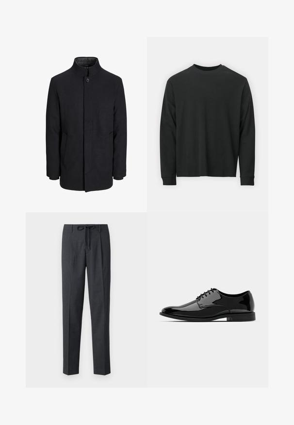 Pánsky čierny vlnový kabát s vysokým golierom, skrytým zipsom, jedným gombíkom a bočnými vreckami.; Čierne tričko s dlhým rukávom vyrobené z bavlny, s okrúhlym výstrihom, vo voľnom strihu a rebrovanými manžetami. Hladká textúra bez viditeľných vzorov.; Prispôsobené tmavosivé nohavice s textúrovaným vzorom, rovný strih a nastaviteľný pás s viazaním. Hladká látka s precízne dokončenými švami.; Čierne lakované kožené topánky s okrúhlou špičkou, šnurovací dizajn a hladký, lesklý povrch. Obsahujú nízky gumový podrážku.