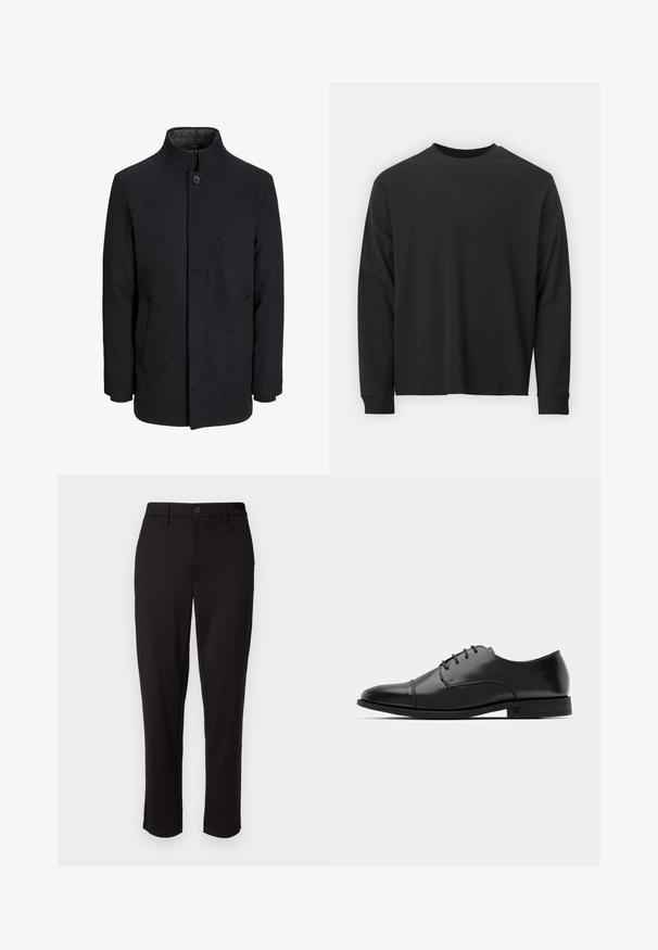 Miestenský čierny vlnený kabát s vysokým golierom, skrytým zipsom, jedným gombíkom na zapínanie a bočnými vreckami.; Pitkähihaine musta T-paita, joka on valmistettu puuvillasta. Tässä paidassa on pyöreä pääntie, rento istuvuus ja ribbikuvioidut hihansuut. Pintakuvasto on sileä ilman näkyviä kuvioita.; Mustat housut, jotka on valmistettu kevyestä kankaasta, suorat lahkeet, edessä nappikiinnitys, vyölenkit ja sivutaskut.; Musta nahkakengät, joissa on pyöristetty varvas, nauhakiinnitys, hienovaraiset ompeluyksityiskohdat ja matala korko. Sujuva pinta kiillotetulla viimeistelyllä.