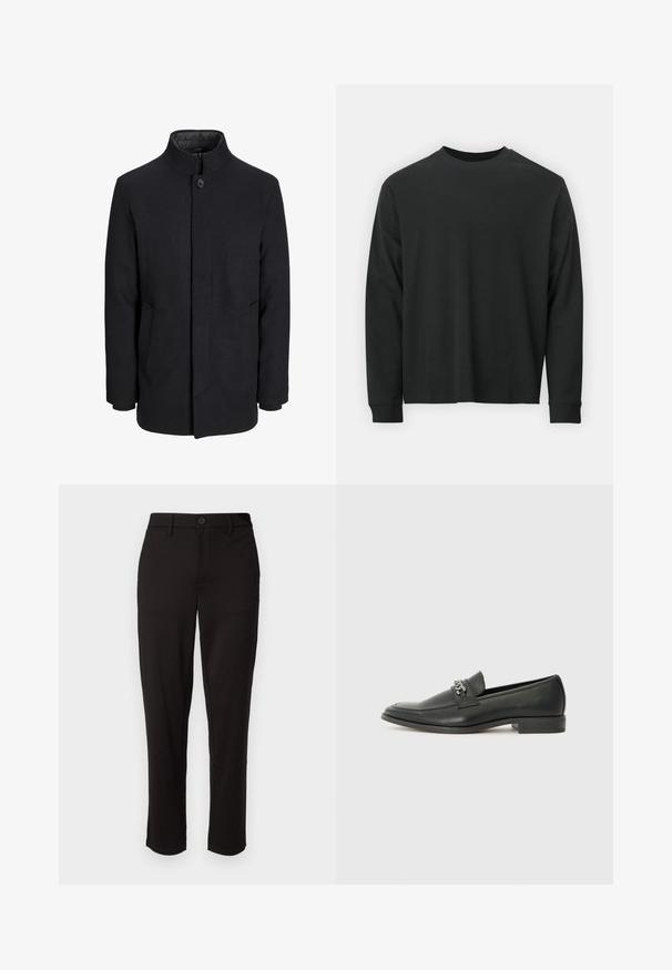 Moška črna volnena jakna z višjim ovratnikom, skritim zadrgo, enojnim gumbom za zapiranje in stranskimi žepi.; Dolga majica iz črnega bombaža z dolgimi rokavi, okroglim izrezom in ohlapnim krojem ter rebrastimi manšetami. Gladka tekstura brez vidnih vzorcev.; Črne hlače iz lahkega materiala, s pravimi hlačnicami, sprednjim gumbom za zapiranje, zankami za pas in stranskimi žepi.; Črni usnjeni loafer z gladko površino, ki ima šivano zasnovo in dekorativni kovinski verižni naglas preko vampirja. Ravno peto.