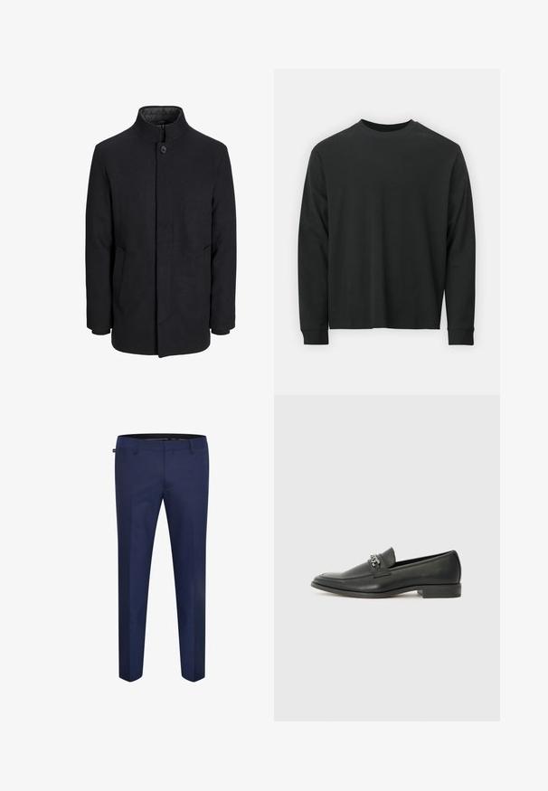 Férfi fekete gyapjú kabát magas gallérral, rejtett cipzárral, egy gombos záródással és oldalzsebekkel.; Fekete, hosszú ujjú póló, 100% pamutból készült, kerek nyakkivágással, bő szabású, bordázott mandzsettákkal. Simaság jellemzi, látható mintázat nélkül.; Sötétkék, testre szabott nadrág, sima szövetből készült, slim fit fazonnal és sík elülső kialakítással, látható zsebek vagy díszítések nélkül.; Fekete bőr loaferek sima felülettel, varrott mintával és díszítő fém lánccal a cipő elején. Lapos sarok.
