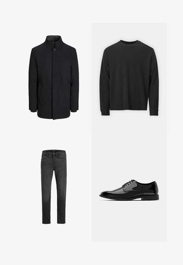 Svart ullrock för män med hög krage, dold dragkedja, singel knappstängning och sidofickor.; Långärmad svart T-shirt gjord av bomull, med rund halsringning, lös passform och ribbade ärmslut. Slät textur utan synliga mönster.; Svarta denimjeans med rak passform, femficksdesign och dragkedja. Har subtila blekningar och kontrasterande söm.; Svart lackläderskor med rund tå, snörning och slät, blank yta. Har en låg gummisula.