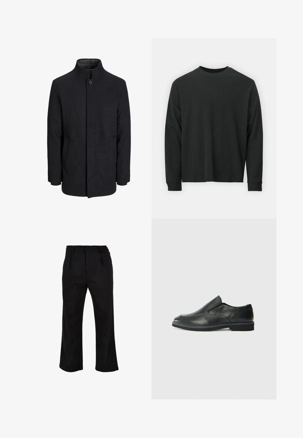 Men's black wool coat with high collar, concealed zipper, single button closure, and side pockets.; Long-sleeve black T-shirt made of cotton, featuring a round neckline, loose fit, and ribbed cuffs. Smooth texture with no visible patterns.; Black straight-leg trousers with button and zip closure, belt loops, and side pockets, shown against white background.; Black leather slip-on shoe with a smooth upper, stitched accents, rounded toe, and a low rubber heel. Sole features minimal tread.