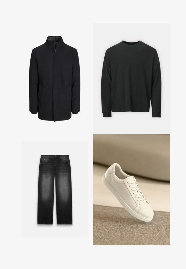 Men's black wool coat with high collar, concealed zipper, single button closure, and side pockets.; Long-sleeve black T-shirt made of cotton, featuring a round neckline, loose fit, and ribbed cuffs. Smooth texture with no visible patterns.; Black denim jeans with a wide-leg design. Features five pockets, light fading, and sturdy stitching. Button and zipper closure.; White leather sneaker with white laces, displayed on beige textured surface and soft blurred background.