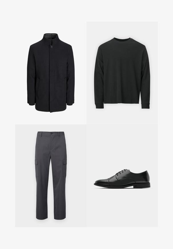 Cappotto da uomo in lana nera con colletto alto, zip nascosta, chiusura a un bottone e tasche laterali.; Maglietta nera a maniche lunghe in cotone, con scollatura rotonda, vestibilità ampia e polsini a costine. Texture liscia senza motivi visibili.; Pantaloni cargo grigio carbone realizzati in tessuto liscio, con design a gamba dritta, due tasche laterali e chiusura con bottone in vita.; Scarpa da uomo in pelle nera con punta rotonda, design con lacci, dettagli di cucitura discreti e tacco basso. Texture liscia con finitura lucida.