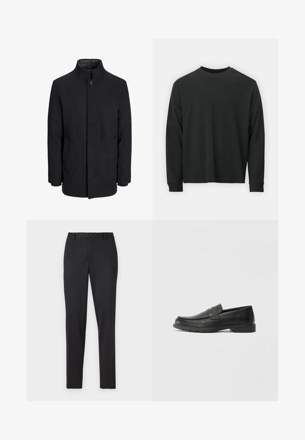 Men's black wool coat with high collar, concealed zipper, single button closure, and side pockets.; Long-sleeve black T-shirt made of cotton, featuring a round neckline, loose fit, and ribbed cuffs. Smooth texture with no visible patterns.; Black tailored pants featuring a smooth fabric, straight leg design, a single button closure, and discreet pockets.; Black leather loafers with a smooth finish, moccasin-style upper, stitched detailing, and a rubber sole. Classic design with a low heel.