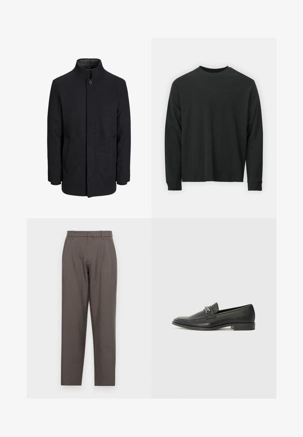 Men's black wool coat with high collar, concealed zipper, single button closure, and side pockets.; Long-sleeve black T-shirt made of cotton, featuring a round neckline, loose fit, and ribbed cuffs. Smooth texture with no visible patterns.; Jack & Jones JPSTBILL JJDAYTONA WIDE - Trousers - pavement; Black leather loafer with a smooth finish, featuring a stitched design and a decorative metal chain accent across the vamp. Flat heel.