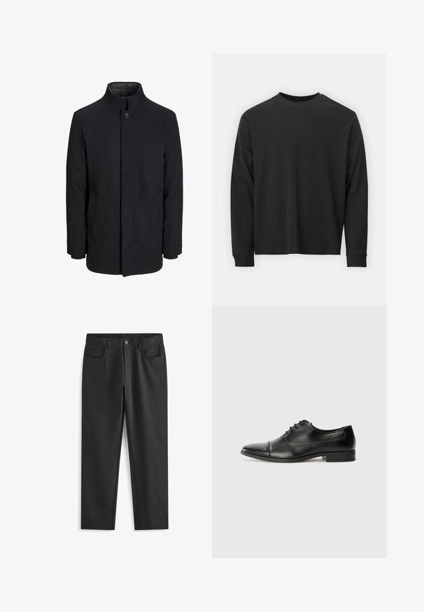 Muški crni vuneni kaput s visokim ovratnikom, skrivenim patentnim zatvaračem, jednim gumbom za zatvaranje i bočnim džepovima.; Dugi rukav crni majica od pamuka, s okruglim izrezom, slobodnog kroja i rebrastim manžetama. Glatka tekstura bez vidljivih uzoraka.; Next SKINNY FIT PLAIN - Hlače - black; Crne kožne cipele s oštrim prstom, vezicama i suptilnim detaljima šivanja. Imaju nisku blok potpeticu i glatku sjajnu završnu obradu.