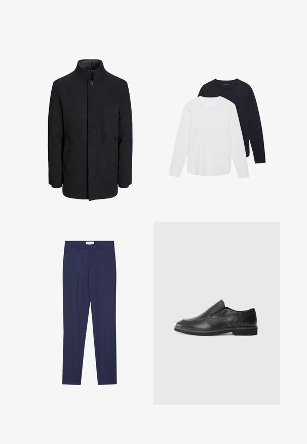 Herre sort uldfrakke med høj krave, skjult lynlås, enkelt knaplukning og sidelommer.; To lange langærmede t-shirts: en hvid og en mørkegrå. Begge har rund halsudskæring og en glat, blød tekstur.; Marineblå bukser i glat stof med flad front, to sidelommer, lynlås i front og ren nederkant uden mønstre eller accenter.; Sorte læder slip-on sko med en glat overdel, syede detaljer, rund tå og en lav gummihæl. Sålen har minimal profil.