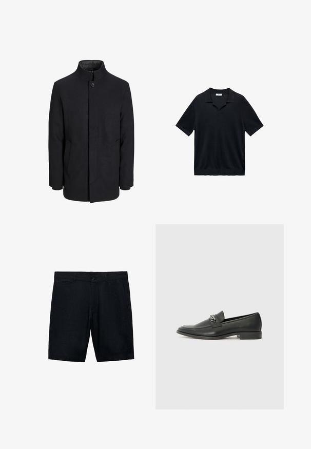 Men's black wool coat with high collar, concealed zipper, single button closure, and side pockets.; Black short-sleeve polo shirt featuring a V-neck, flat collar, and ribbed texture. Material appears lightweight and smooth.; Black linen shorts with a flat front, side pockets, and a single button closure; smooth texture and tailored design.; Black leather loafer with a smooth finish, featuring a stitched design and a decorative metal chain accent across the vamp. Flat heel.