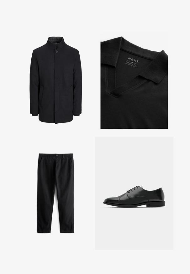 Zwart wollen mannenjas met hoge kraag, verborgen rits, sluiting met één knop en zijzakken.; Zwarte polo met een V-hals en een gestructureerde stof. Heeft een omgeslagen kraag en een label met merk- en maatinformatie. Regulere pasvorm.; Zwarte broek van duurzaam materiaal, met twee voorzakken, een knoopsluiting, een platte voorkant en een recht gesneden pijp.; Zwarte leren dresschoenen met een ronde neus, vetersluiting, subtiele stiksels en een lage hak. Glad oppervlak met gepolijste afwerking.