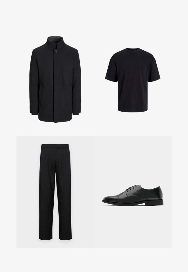 Zwart wollen mannenjas met hoge kraag, verborgen rits, sluiting met één knop en zijzakken.; Zwarte katoenen t-shirt met een ronde halslijn, korte mouwen en een relaxte pasvorm. Glad textuur en geen zichtbare patronen of accenten.; Zwarte broeken van gladde stof, met een recht model, twee voorknikken en een standaard tailleband met riemlussen.; Zwarte leren dresschoenen met een ronde neus, vetersluiting, subtiele stiksels en een lage hak. Glad oppervlak met gepolijste afwerking.