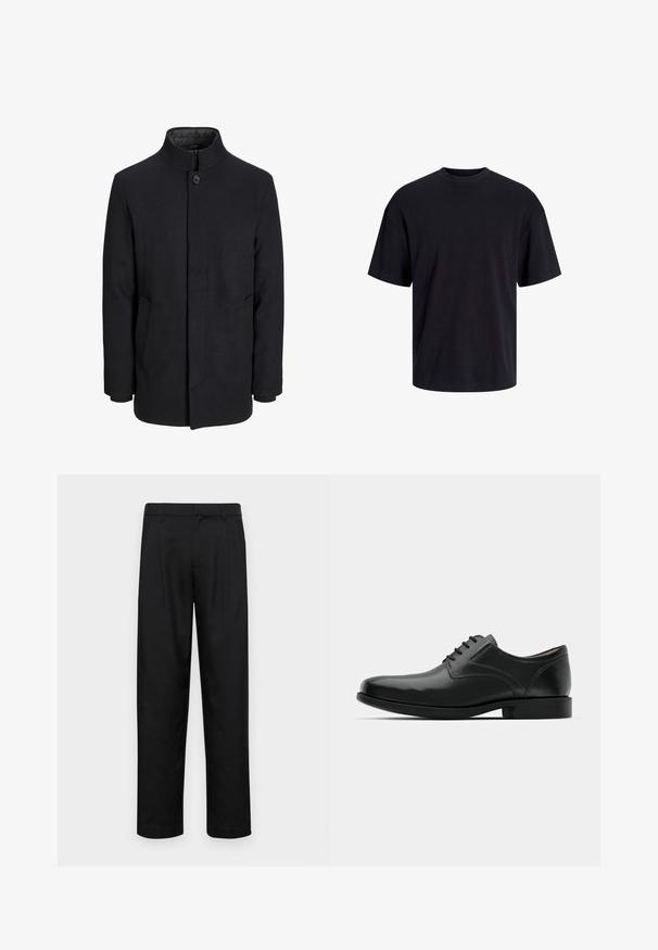 Vyriškas juodas vilnonis paltas su aukštu apykakle, užslėptu užtrauktuku, vienu užsegimu ir šoninėmis kišenėmis.; Juodas medvilninis marškinėlis su apvaliu iškirpimu, trumpomis rankovėmis ir laisvu siluetu. Glotni tekstūra, be matomų raštų ar akcentų.; Juodi kelnių modeliai, pagaminti iš lygios medžiagos, turi tiesią kojas, du priekiniai klostės ir standartinę juosmenį su diržo kilpomis.; Juodas odinis suknelės batelis su blizgiu paviršiumi, apvaliu pirštu, raištelių dizainu, kontrastinga siūle ir žemu guminiu kulnu.