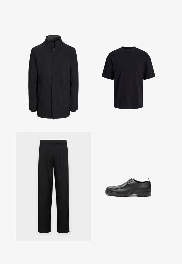 Palton negru din lână pentru bărbați, cu guler înalt, fermoar ascuns, închidere cu un singur buton și buzunare laterale.; Tricou din bumbac negru, cu guler rotund, mâneci scurte și o croială lejeră. Textură netedă și fără modele sau accente vizibile.; Pantaloni negri dintr-un material neted, cu un design drept, două pliuri frontale și un tiv standard cu bucle pentru curea.; Pantofi negri din piele, cu finisaj neted, vârf rotund și cusături decorative. Prezintă o talpă din cauciuc cu caneluri pentru aderență și un design cu șireturi.