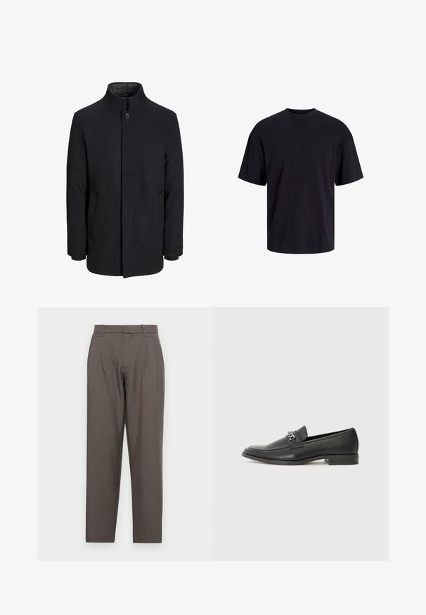 Men's black wool coat with high collar, concealed zipper, single button closure, and side pockets.; Black cotton t-shirt with a crew neckline, short sleeves, and a relaxed fit. Smooth texture and no visible patterns or accents.; Jack & Jones JPSTBILL JJDAYTONA WIDE - Trousers - pavement; Black leather loafer with a smooth finish, featuring a stitched design and a decorative metal chain accent across the vamp. Flat heel.