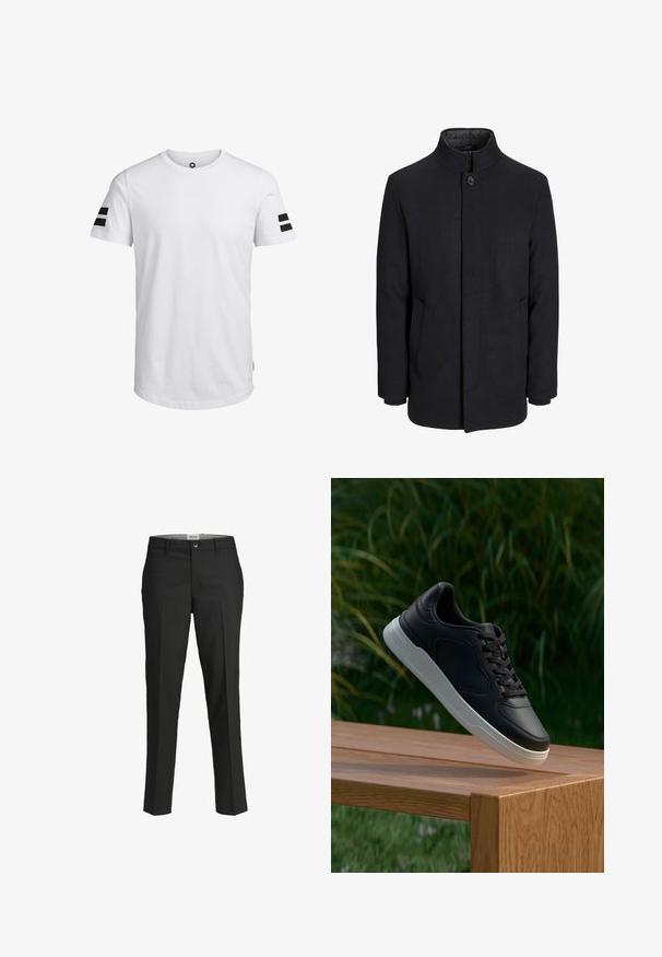 Meeste must villane mantel kõrge kraega, peidetud tõmblukk, ühe nööbiga kinnitamine ja küljetaskud.; Jack & Jones JCOBORO TEE CREW NECK - Trükipildiga T-särk - white; Mustad püksid, kohandatud lõige, sile kangas, keskmise kõrgusega vöökoht, ees nupuga sulgemine, diagonaalsed taskud ja voldid jalgade all.; Must musta valge tald, rippumas puidust pingilt, rohelised lehestikud uduses taustas.
