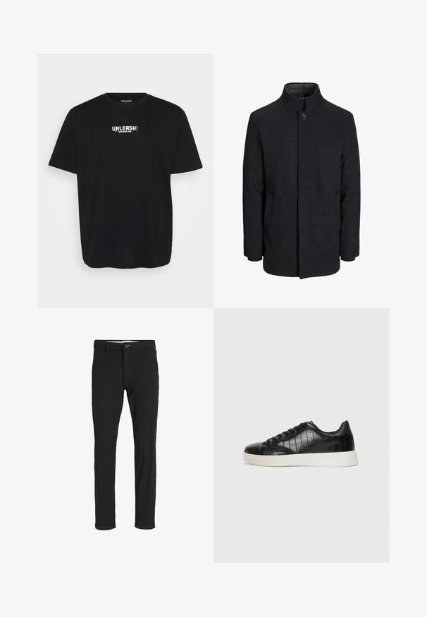 Meeste must villane mantel kõrge kraega, peidetud tõmblukk, ühe nööbiga kinnitamine ja küljetaskud.; Musta puuvillane T-särk ümarate kaelustega, lühikeste varrukatega ja ees oleva valge teksti disainiga, mis ütleb "VABASTA OMA SISEMINE TIGER."; Mustast puuvillasegustest pükstest õhukese lõikega, milles on nööbikinnitus, taskud ja keeratud sääred, et saavutada lõdva lõppviimistluse.; Mustad mustad mustad kroko-reljeefiga nahast ülemine osa, ümar varvas ja kontrastne valge kummitald, millel on sile viimistlus.