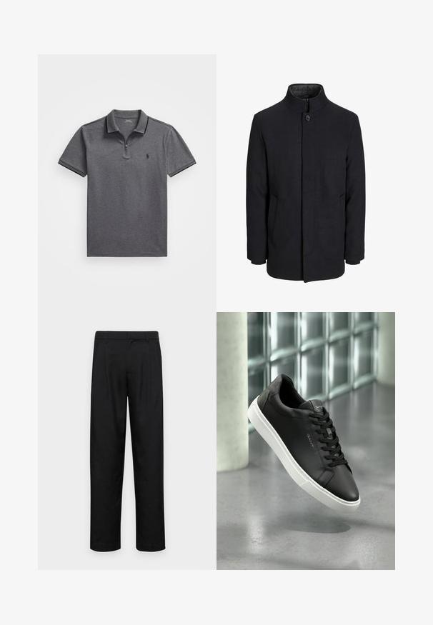 Moška črna volnena jakna z višjim ovratnikom, skritim zadrgo, enojnim gumbom za zapiranje in stranskimi žepi.; Polo majica v temno sivi barvi z zadrgo pri ovratniku, ki ima teksturirano blago, kratke rokave in majhen črn logotip na levem prsnem delu.; Črne hlače iz gladkega materiala, s krojem ravne noge, dvema sprednjima pregiboma in standardnim pasom z zankami za pas.; Črne usnjene teniske z belim gumijastim podplatom, okroglo konico in vezalkami. Imajo gladko teksturo in diskretno blagovno znamko na jeziku.
