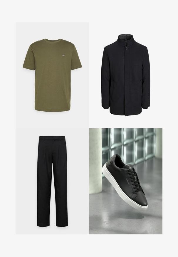 Men's black wool coat with high collar, concealed zipper, single button closure, and side pockets.; Olive green cotton t-shirt with short sleeves, round neckline, and small embroidered logo detail on the chest. Smooth texture, casual design.; Black trousers made of smooth fabric, featuring a straight-leg design, two front pleats, and standard waistband with belt loops.; Black leather sneaker with white rubber sole, round toe, and lacing. Features a smooth texture and subtle branding on the tongue.