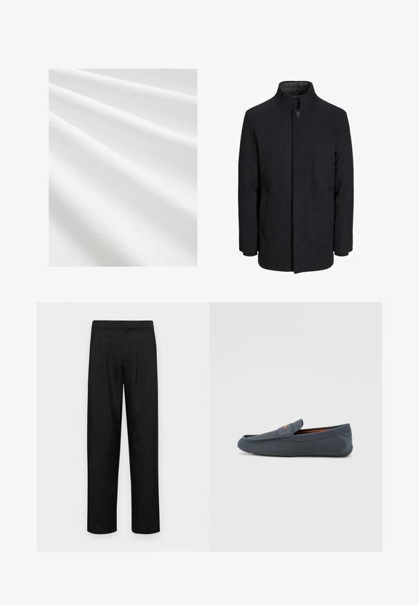 Vyriškas juodas vilnonis paltas su aukštu apykakle, užslėptu užtrauktuku, vienu užsegimu ir šoninėmis kišenėmis.; Džinsinio audinio medžiaga, balta spalva, lygi tekstūra su subtiliais raukšlėmis ir įlenkimais. Vienoda paviršius, šiek tiek atspindintis, be raštų ar akcentų.; Juodi kelnių modeliai, pagaminti iš lygios medžiagos, turi tiesią kojas, du priekiniai klostės ir standartinę juosmenį su diržo kilpomis.; Pilki perforuoti loafers'ai su lengvu užmaunamu dizainu, turintys oranžinį akcentą, apvalią noselę ir tekstūruotą gumos padu.