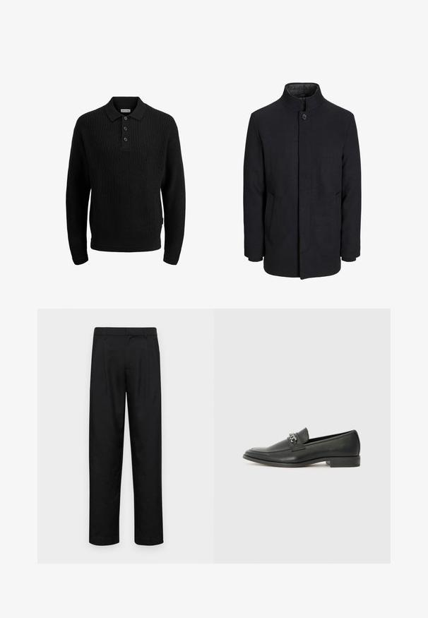 Miestenský čierny vlnený kabát s vysokým golierom, skrytým zipsom, jedným gombíkom na zapínanie a bočnými vreckami.; Mustavilla neulepusero, jossa on polo-kaulus, kolmen napin suljenta, ribbireunat hihoissa ja helmassa. Teksturoitu kangas, joka on väljää mallia.; Mustat housut, jotka on valmistettu sileästä kankaasta, suoran lahkeen muotoilulla, kahdella etupleekillä ja tavanomaisella vyötäröllä, jossa on vyölenkit.; Musta nahkakengät, joissa on sileä pinta, koristeelliset ompeleet ja metalliketjun yksityiskohta kengän päällä. Littee korko.