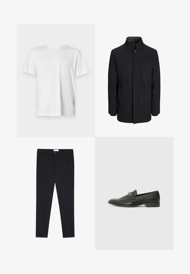 Cappotto da uomo in lana nera con colletto alto, zip nascosta, chiusura a un bottone e tasche laterali.; T-shirt bianco a maniche corte realizzato in morbido cotone, con colletto a girocollo e un sottile dettaglio del logo in rilievo sul lato sinistro del petto.; Pantaloni neri con un design a gamba dritta, realizzati in tessuto di cotone. Presentano due tasche frontali e una chiusura con bottone in vita.; Mocassino in pelle nera con finitura liscia, caratterizzato da un design cucito e da un accento decorativo in catena metallica sul vamp. Tacco piatto.