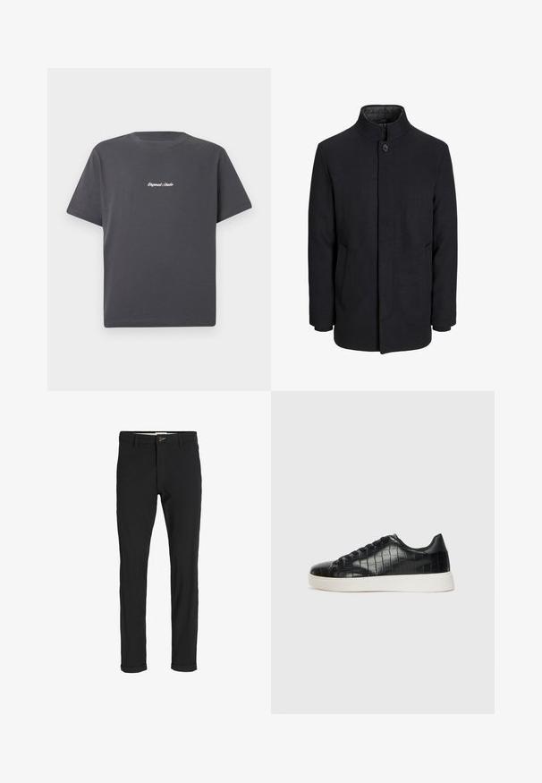 Pánský černý vlněný kabát s vysokým límcem, skrytým zipem, zapínáním na jeden knoflík a bočními kapsami.; Tmavě šedé bavlněné tričko s krátkými rukávy, kulatým výstřihem a bílým vyšitým textem "Original Studio" na hrudi. Jednoduchý design.; Černé kalhoty z bavlněné směsi s úzkým střihem, s knoflíkovým zapínáním, kapsami a ohrnutými manžetami pro uvolněný vzhled.; Černé tenisky s texturovaným vrškem z kůže s embosovaným hadím vzorem, kulatou špičkou a kontrastní bílou gumovou podrážkou s hladkým povrchem.