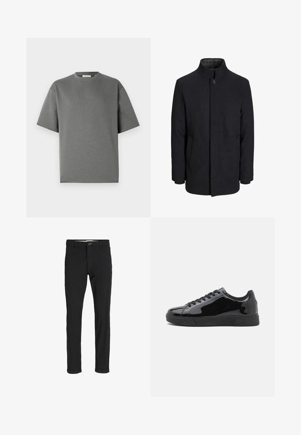 Zwart wollen mannenjas met hoge kraag, verborgen rits, sluiting met één knop en zijzakken.; Grijs T-shirt met korte mouwen, gemaakt van zachte katoen, met een ronde halslijn en een relaxte pasvorm met minimale stikseldetails.; Zwarte katoenen broek van een katoenmix met een slim fit, voorzien van een knoopsluiting, zakken en opgerolde mouwen voor een casual afwerking.; Zwarte gepoetste lederen sneakers met een ronde neus, platte rubberen zool en zwarte veters. Glad, glanzend oppervlak op de bovenzijde.