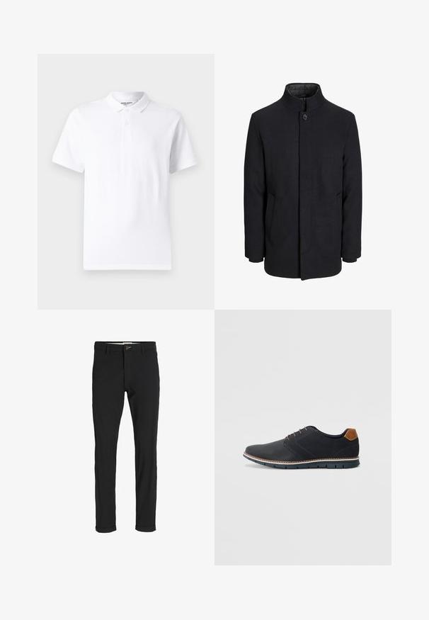 Abrigo de lana negro para hombre con cuello alto, cremallera oculta, cierre de un botón y bolsillos laterales.; Camisa polo blanca con un collar clásico, tapeta de dos botones, mangas cortas y un pequeño logotipo en el pecho. Hecha de una tela suave.; Pantalones de mezcla de algodón negros con corte ajustado, que presentan un cierre de botón, bolsillos y puños enrollados para un acabado casual.; Zapatos sintéticos negros con un upper texturizado, acentos lisos, tacón marrón y una suela en contraste. Presenta un cordón mínimo y detalles de costura.