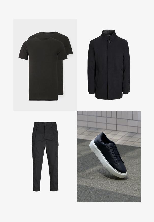 Zwart wollen mannenjas met hoge kraag, verborgen rits, sluiting met één knop en zijzakken.; Twee zwarte T-shirts met ronde hals, gemaakt van zacht materiaal. Korte mouwen, rechte zoom en zonder zichtbare patronen of afbeeldingen.; Zwarte cargobroek van stevig stof, met meerdere zakken, een knoopsluiting en een slim fit ontwerp met taps toelopende benen.; Zwarte leren sneaker met een ronde neus en een witte rubberen zool. Voorzien van platte veters en minimale stiksels op het bovenwerk. Textuurrijke zool voor grip.
