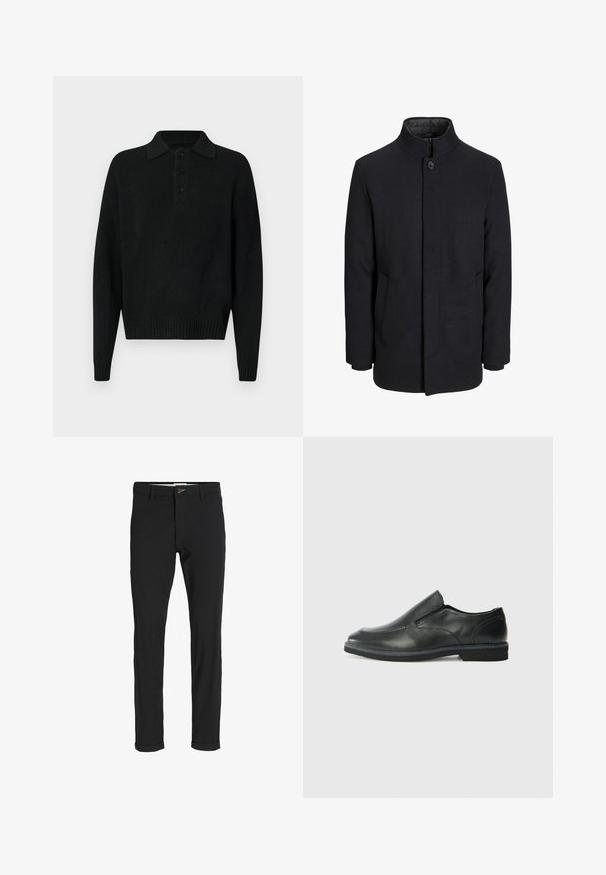 Moška črna volnena jakna z višjim ovratnikom, skritim zadrgo, enojnim gumbom za zapiranje in stranskimi žepi.; Črni dolgonogi pleteni pulover z ovratnikom in tremi gumbi na prsih, rebrastimi manšetami in robom, prikazan na beli podlagi.; Črne bombažne hlače iz mešanice tkanin, ožjega kroja, z gumbom za zapiranje, žepi in zavihanimi robovi za sproščen videz.; Črne usnjene natikače z gladkim zgornjim delom, prišitimi detajli, zaobljenim nosom in nizkim gumijastim petkom. Podplat ima minimalen profil.