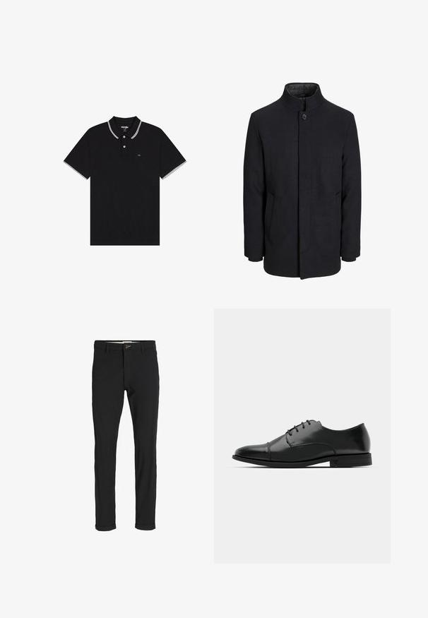 Męski czarny wełniany płaszcz z wysokim kołnierzem, ukrytym zamek błyskawicznym, zapięciem na jeden guzik oraz bocznymi kieszeniami.; Czarna koszulka polo z teksturowanej tkaniny, z kołnierzykiem zapinanym na guziki w białe akcenty, dwuguzikowym zapięciem oraz małym logo na piersi.; Czarne spodnie z bawełnianego materiału w slim fit, z zapięciem na guzik, kieszeniami i podwiniętymi mankietami, co nadaje im swobodny charakter.; Czarne skórzane buty do garnituru z okrągłym noskiem, sznurowanym zapięciem, subtelnymi detalami przeszycia oraz niskim obcasem. Gładka faktura z polerowanym wykończeniem.