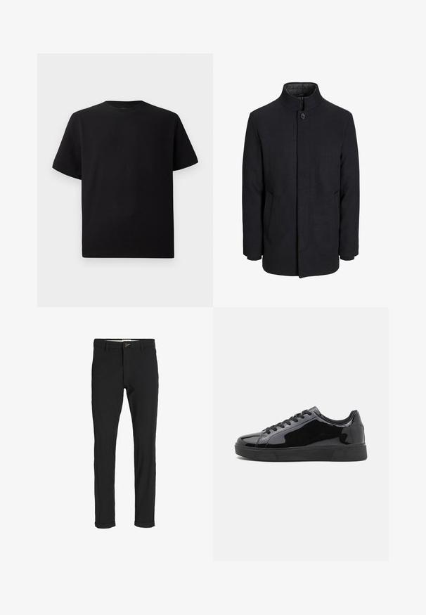 Palton negru din lână pentru bărbați, cu guler înalt, fermoar ascuns, închidere cu un singur buton și buzunare laterale.; Tricou negru cu mânecă scurtă, realizat dintr-un material texturat, cu decolteu rotund și o croială relaxată. Simplu, fără modele sau accente.; Pantaloni negri din bumbac cu un croi slim, având închidere cu nasture, buzunare și manșete răsturnate pentru un aspect casual.; Tenisi din piele lacuită neagră, cu vârf rotund, talpă plată din cauciuc și șireturi negre. Textură netedă și lucioasă pe suprafața superioară.