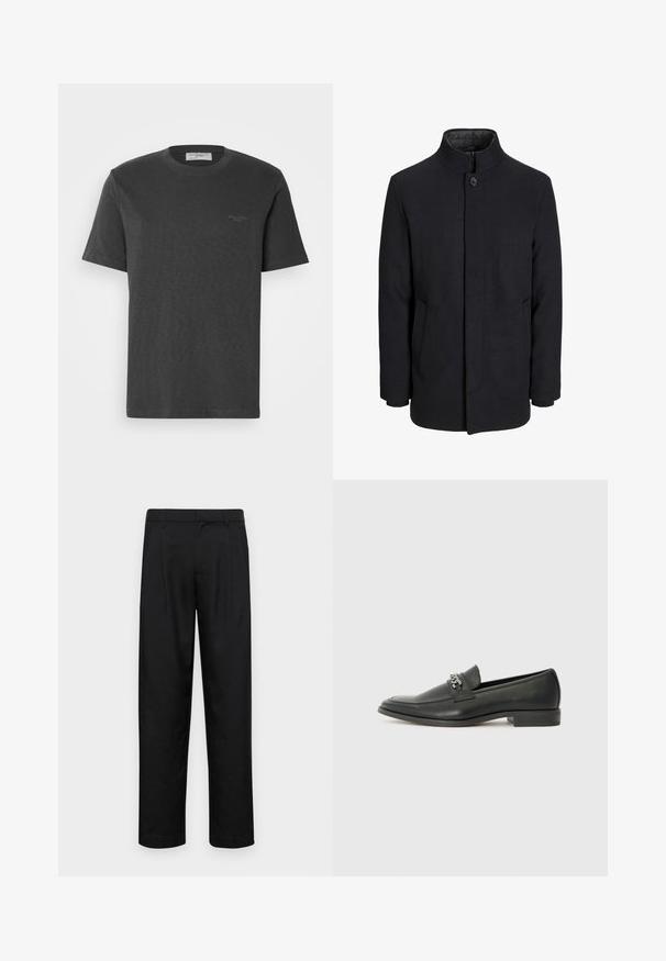 Herren schwarzer Wollmantel mit hohem Kragen, verdecktem Reißverschluss, einreihigem Knopfverschluss und Seitentaschen.; Dunkelgraues Baumwoll-T-Shirt mit kurzen Ärmeln und rundem Halsausschnitt. Verfügt über ein dezentes Markenlogo in der oberen linken Ecke. Weiche Textur.; Schwarze Hose aus glattem Stoff, mit geradem Bein Design, zwei vorderen Falten und einem Standardbund mit Gürtelschlaufen.; Schwarzer Lederloafer mit glatter Oberfläche, ausgestattet mit einer gesteppten Gestaltung und einem dekorativen Metallkettendetail über dem Vorderblatt. Flacher Absatz.