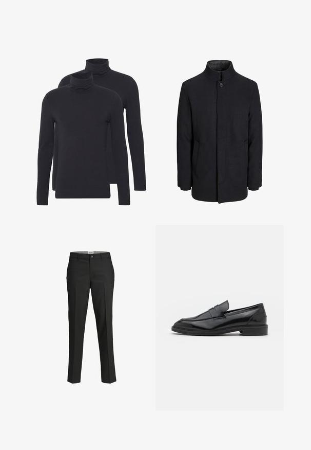 Zwart wollen mannenjas met hoge kraag, verborgen rits, sluiting met één knop en zijzakken.; Twee zwarte turtleneck tops met lange mouwen, gemaakt van gladde stof, met een getailleerde pasvorm en ribbelige halslijnen.; Zwarte broek, getailleerde pasvorm, gladde stof, middelhoge taille, sluiting met frontknop, diagonale zakken en plooien langs de benen.; Zwarte leren instappers met een gladde afwerking, voorzien van een ronde neus en een smalle band over de bovenkant. Lage gestapelde hak.