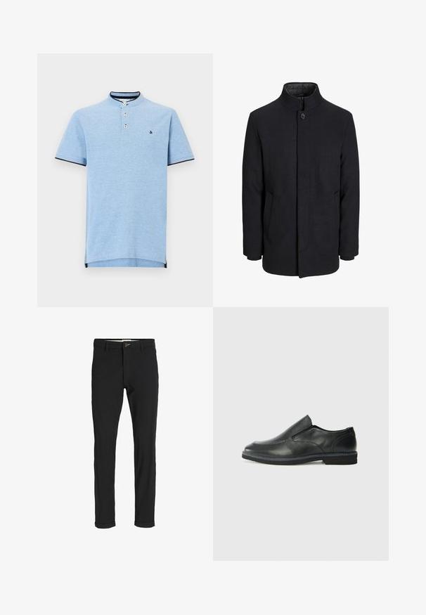 Men's black wool coat with high collar, concealed zipper, single button closure, and side pockets.; Light blue polo shirt with a high collar, two-button placket, and navy trim on sleeves and hem. Soft texture and minimal logo detail.; Black cotton blend pants with a slim fit, featuring a button closure, pockets, and rolled cuffs for a casual finish.; Black leather slip-on shoe with a smooth upper, stitched accents, rounded toe, and a low rubber heel. Sole features minimal tread.