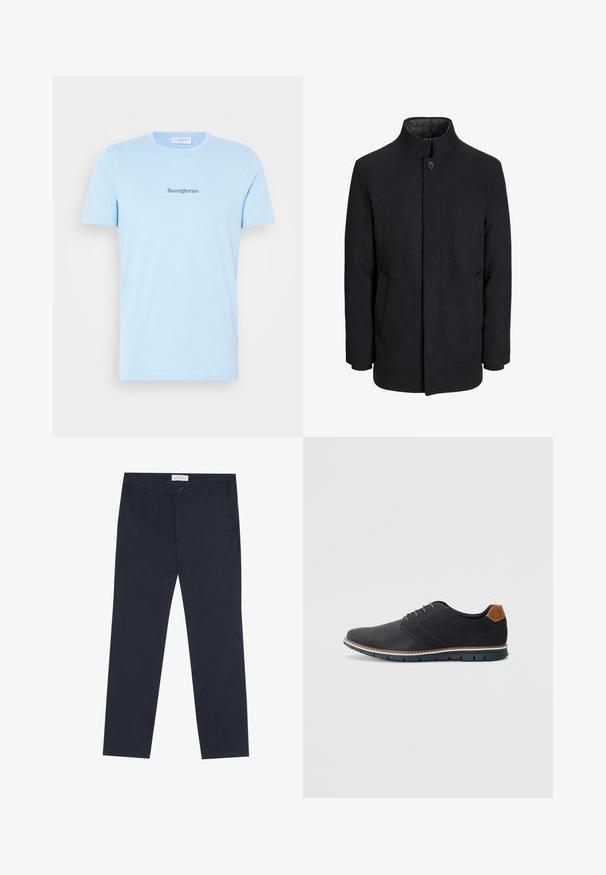 Muški crni vuneni kaput s visokim ovratnikom, skrivenim patentnim zatvaračem, jednim gumbom za zatvaranje i bočnim džepovima.; Svijetloplava pamučna T-majica s kratkim rukavima i okruglim izrezom. Na prsima se nalazi tekst "Buongiorno" u tamnoplavoj boji, centriran.; Tamno plave chino hlače od pamuka s glatkom teksturom, s patentnim zatvaračem, petljama za pojas i bočnim džepovima za praktičnost.; Crne sintetičke cipele s teksturiranim gornjim dijelom, glatkim akcentima, smešnim petom i kontrastnom potplatom. Imaju minimalne vezice i detalje šivanja.