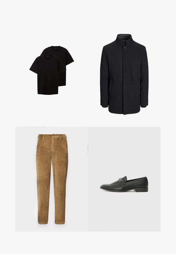 Pánský černý vlněný kabát s vysokým límcem, skrytým zipem, zapínáním na jeden knoflík a bočními kapsami.; Černé bavlněné trička, s kulatým výstřihem, krátkými rukávy a volným střihem, s malým logem na dolní levé straně, prodávána jako set dvou kusů.; Hnědé kordové kalhoty s vertikálním žebrovaným vzorem, rovný střih, zapínání na knoflíky a poutka na opasek. Hladká látka s jemným povrchem.; Černé kožené mokasíny s hladkým povrchem, s prošívaným designem a dekoračním kovovým řetízkem přes nárt. Plochý podpatek.