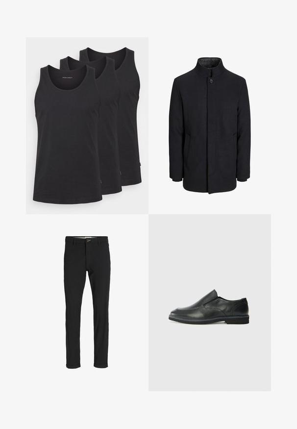 Men's black wool coat with high collar, concealed zipper, single button closure, and side pockets.; Black cotton tank tops in a set of three. Features a round neckline, sleeveless design, and a straight hem. Smooth texture, minimal branding.; Black cotton blend pants with a slim fit, featuring a button closure, pockets, and rolled cuffs for a casual finish.; Black leather slip-on shoe with a smooth upper, stitched accents, rounded toe, and a low rubber heel. Sole features minimal tread.