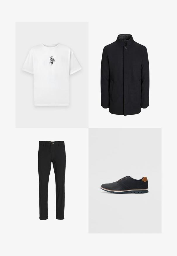 Meeste must villane mantel kõrge kraega, peidetud tõmblukk, ühe nööbiga kinnitamine ja küljetaskud.; Valge puuvillane T-särk lühikeste varrukatega ja ümmarguse kaelusega, mille keskel on must graafiline kujundus, mis kuvab abstraktseid elemente.; Mustast puuvillasegustest pükstest õhukese lõikega, milles on nööbikinnitus, taskud ja keeratud sääred, et saavutada lõdva lõppviimistluse.; Mustavad sünteetilised jalatsid tekstureeritud pealsega, siledad aktsendid, pruun kand ja kontrastne tall. Omab minimaalset lukkude ja õmbluste dekoratsiooni.