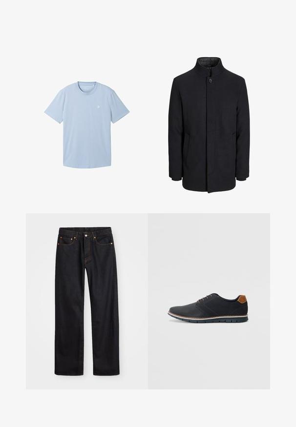 Pánský černý vlněný kabát s vysokým límcem, skrytým zipem, zapínáním na jeden knoflík a bočními kapsami.; Světle modré tričko s krátkým rukávem vyrobené z měkké tkaniny, s kulatým výstřihem a malým logem na levé straně hrudníku. Hladká textura.; Pánské černé džíny rovného střihu s pěti kapsami a oranžovým prošíváním, s knoflíkem a zipem na předním pásku.; Černé syntetické boty s texturovaným svrškem, hladkými detaily, hnědým podpatkem a kontrastní podrážkou. Obsahují minimální šněrování a švy.