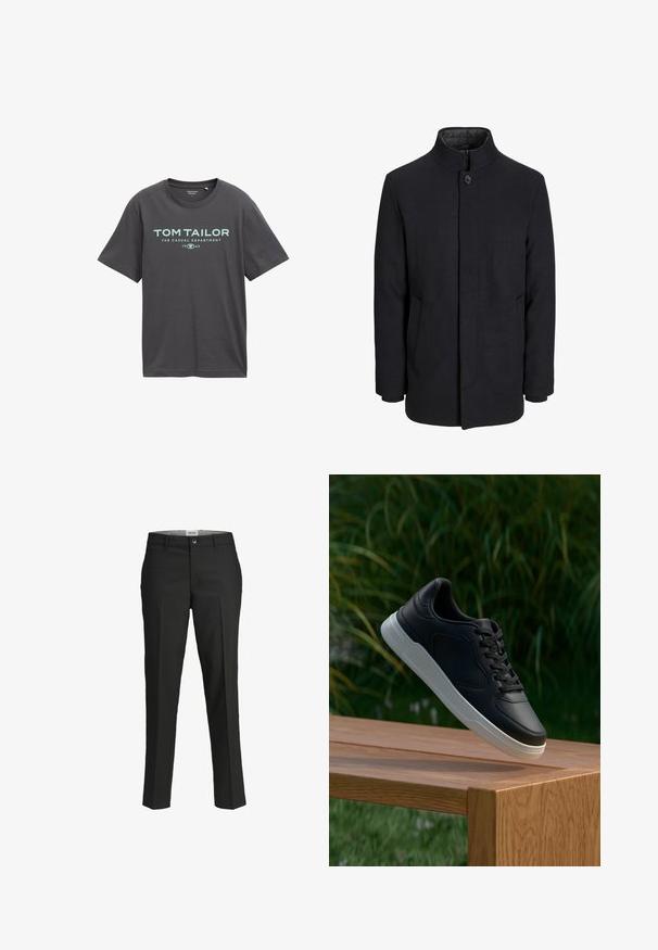 Męski czarny wełniany płaszcz z wysokim kołnierzem, ukrytym zamek błyskawicznym, zapięciem na jeden guzik oraz bocznymi kieszeniami.; Czarna szara bawełniana koszulka z krótkim rękawem, okrągłym dekoltem oraz niebieskim nadrukiem z napisem "TOM TAILOR" i "THE CASUAL DEPARTMENT."; Czarne spodnie, dopasowany krój, gładki materiał, średni stan, zapięcie na guzik z przodu, ukośne kieszenie oraz detalowanie wzdłuż nogawki.; Czarna sneakers z białą podeszwą zawieszona nad drewną ławką, z zielonymi liśćmi w rozmytym tle.