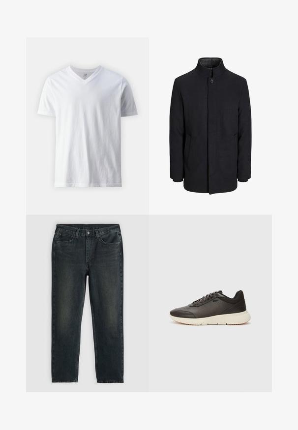 Vīriešu melns vilnas mētelis ar augstu apkakli, slēptu rāvējslēdžu, vienu pogu aizdari un sānu kabatām.; Kokvilnas baltā T-kreklā ar īsām piedurknēm un V veida kakla izgriezumu. Tam ir vienkāršs dizains ar gludu tekstūru un brīvu piegulšanu.; Tumši zili džinsi ar taisnu kāju griezumu, ar piecām kabatām, rāvējslēdzēju un kontrastējošām diegvīlēm. Auduma viegla izbalēšana.; Tumši brūni sporta apavi ar teksturētu ādas virsotni, perforētiem elementiem un vieglu krēmkrāsas zoli. Iespējamas šnīres un smalks zīmola logo.