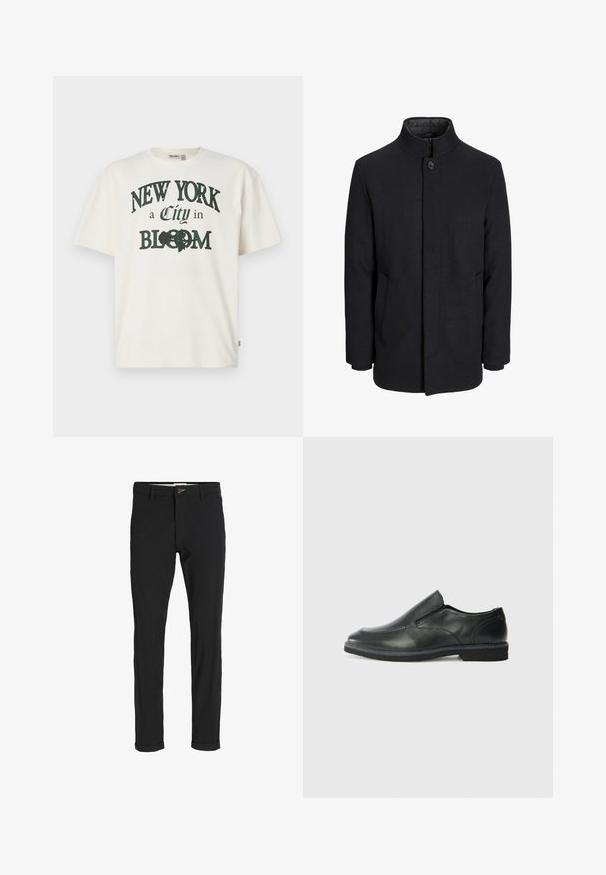 Moška črna volnena jakna z višjim ovratnikom, skritim zadrgo, enojnim gumbom za zapiranje in stranskimi žepi.; Kremno barvana bombažna majica s kratkimi rokavi, ki ima potiskan napis "NEW YORK mesto v CVETENJU" v temno zeleni barvi.; Črne bombažne hlače iz mešanice tkanin, ožjega kroja, z gumbom za zapiranje, žepi in zavihanimi robovi za sproščen videz.; Črne usnjene natikače z gladkim zgornjim delom, prišitimi detajli, zaobljenim nosom in nizkim gumijastim petkom. Podplat ima minimalen profil.