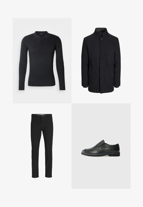 Herre sort uldfrakke med høj krave, skjult lynlås, enkelt knaplukning og sidelommer.; Sort langærmet polo skjorte fremstillet af strikket stof. Har en krave, tre-knaps knaplukning og ribbede manchetter for et tætsiddende look.; Sorte bomuldsblandede bukser med slim fit, der har en knaplukning, lommer og opbrugte stumper for et afslappet udtryk.; Sorte læder slip-on sko med en glat overdel, syede detaljer, rund tå og en lav gummihæl. Sålen har minimal profil.