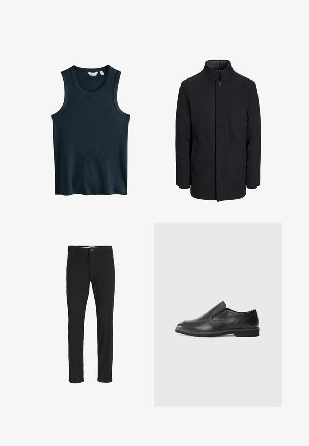 Cappotto da uomo in lana nera con colletto alto, zip nascosta, chiusura a un bottone e tasche laterali.; Canottiera a coste di colore blu scuro con scollatura rotonda e spalline larghe. Senza motivi o decorazioni visibili. Realizzata in un materiale morbido e elastico.; Pantaloni neri in cotone misto con vestibilità slim, dotati di chiusura con bottone, tasche e orli arrotolati per un look informale.; Scarpa nera in pelle con inserto scivolare, superiore liscio, dettagli cuciti, punta arrotondata e tacco in gomma basso. La suola presenta un battistrada minimale.